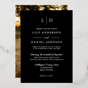Black Elegant Modern Monogram Luxury Wedding Photo Foil Invitation
