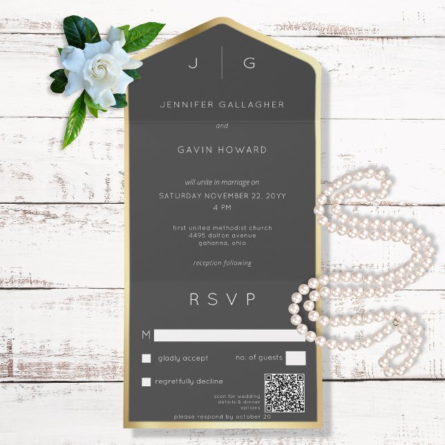 Black Elegant Modern Monogram QR All In One Invitation (Creator Uploaded)