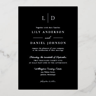 Black Elegant Modern Monogram QR Code Wedding Foil Invitation