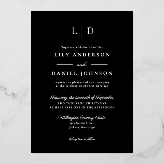 Black Elegant Modern Monogram QR Code Wedding  Foil Invitation (Front)