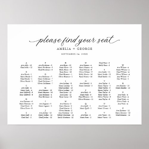 Black Elegant Modern Script Calligraphy Seating Poster