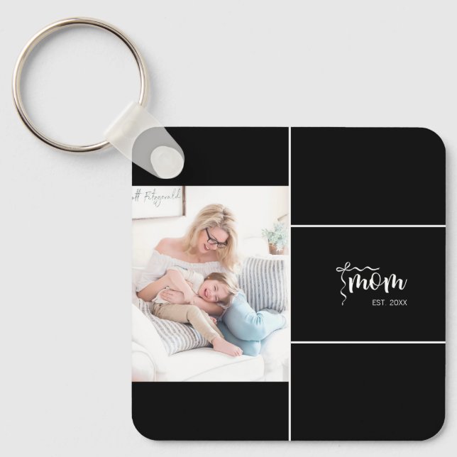 Black Elegant Mom Established Bow Add Photo Keychain (Front)