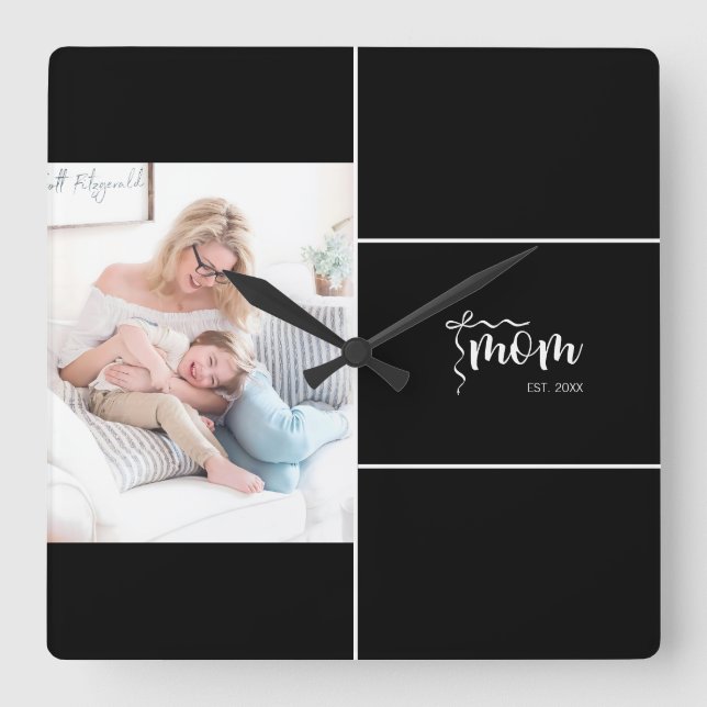 Black Elegant Mom Established Bow Add Photo Square Wall Clock (Front)
