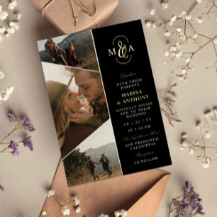 Black Elegant Monogram Asymmetrical Photos Wedding Foil Invitation