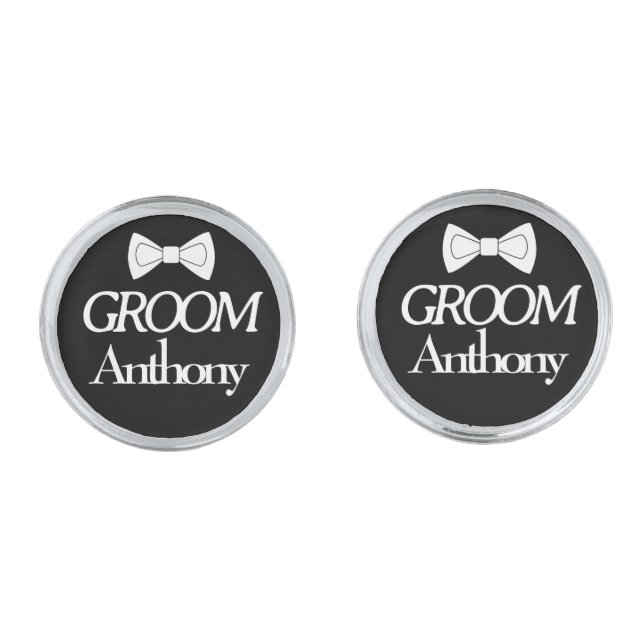 Black Elegant Monogram Groom Name Cufflinks (Front)