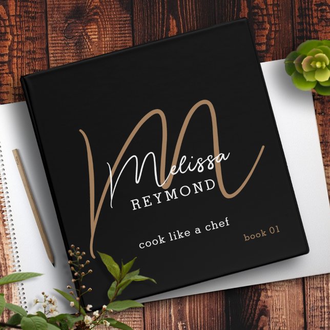 Black Elegant Monogram Script Name 3 Ring Binder (Creator Uploaded)