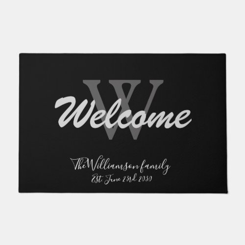 Black Elegant Monogram Script Name Wedding Welcome Doormat