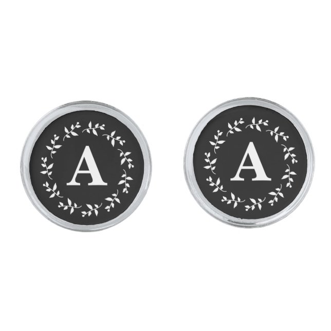 Black Elegant Monogram Typography Groom Initials Cufflinks (Front)