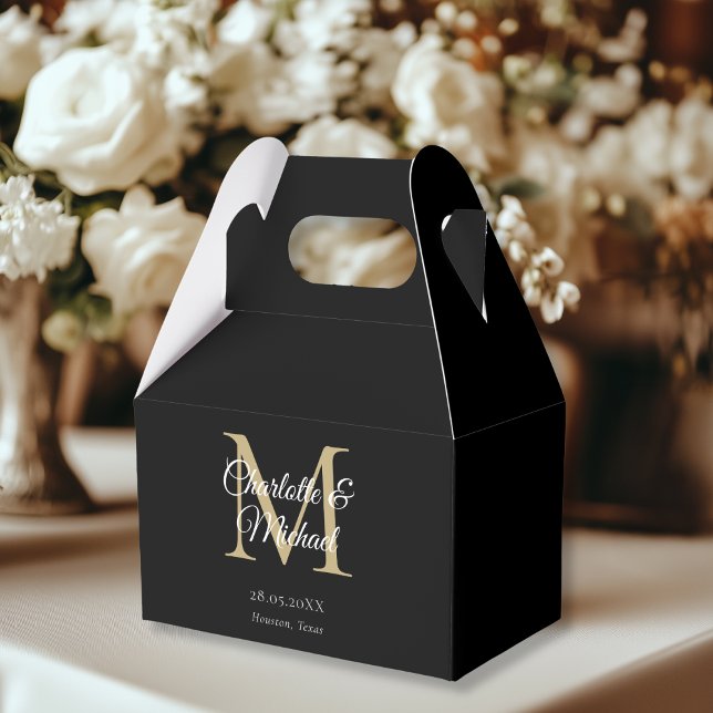 Black Elegant Monogram  Wedding Favor Boxes (White Elegant Monogram Wedding Favor Boxes, black, beige, gold, with your name and date.)