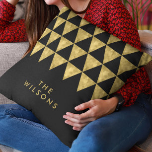 Black Elegant Name Faux Gold Triangle Pattern Throw Pillow