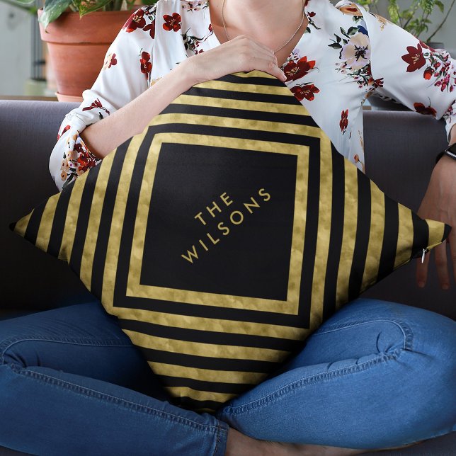 Black Elegant Name Geometric Square Lines Pattern Throw Pillow (Creator Uploaded)