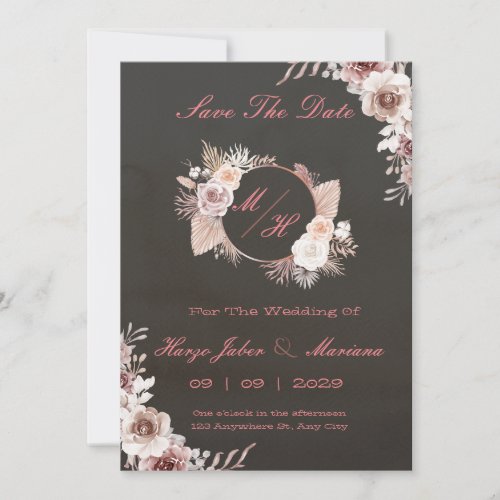 Black Elegant Neutral Watercolor Floral Wedding  Invitation