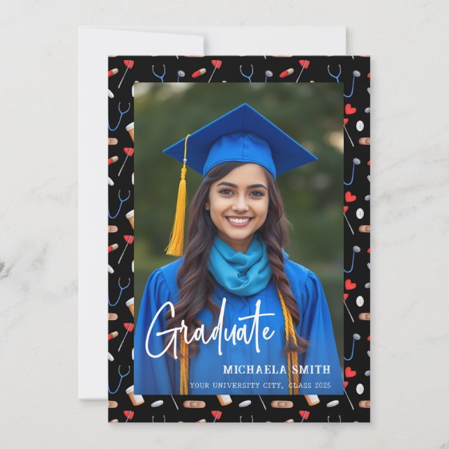 Black Elegant Nurse Script Photo Graduation  Announcement (Front)