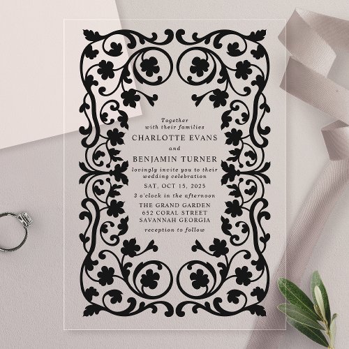 Black Elegant Ornate Floral Frame Wedding Acrylic Invitations