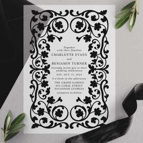 Black Elegant Ornate Floral Frame Wedding Vellum Invitations