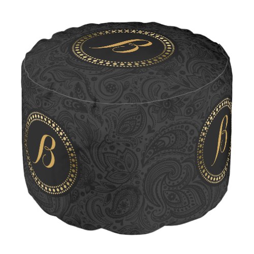 Black Elegant Paisley 2 Gold Accents Pouf