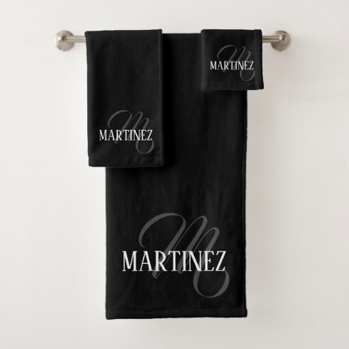 Black Elegant Personalized Last Name  Name Bath Towel Set