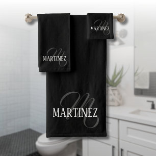 Black Elegant Personalized Last Name Name Bath Towel Set