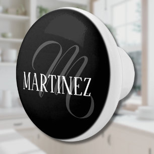 Black Elegant Personalized Last Name Name Ceramic Knob