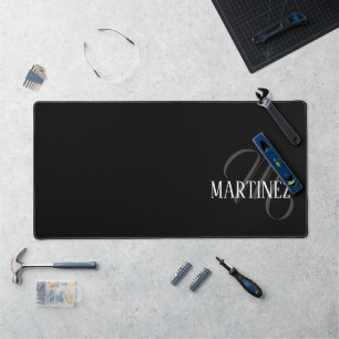 Black Elegant Personalized Last Name Name Desk Mat