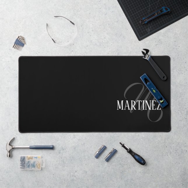 Black Elegant Personalized Last Name | Name Desk Mat (Workstation)