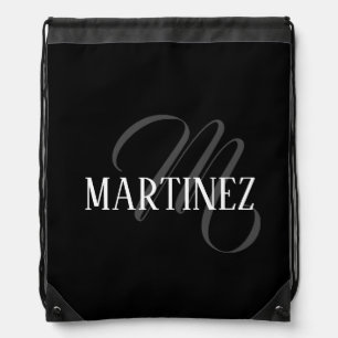 Black Elegant Personalized Last Name Name Drawstring Bag
