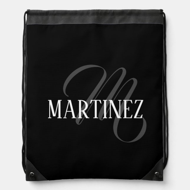 Black Elegant Personalized Last Name | Name Drawstring Bag (Front)