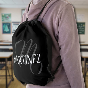 Black Elegant Personalized Last Name   Name Drawstring Bag
