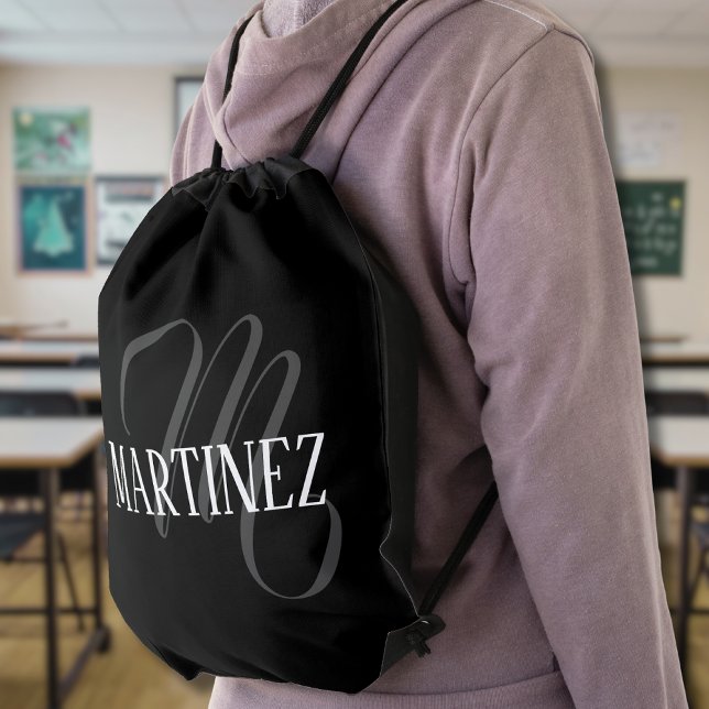 Black Elegant Personalized Last Name | Name Drawstring Bag (Creator Uploaded)