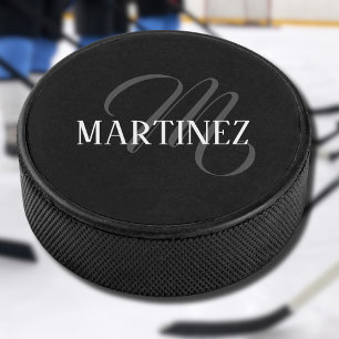 Black Elegant Personalized Last Name Name Hockey Puck