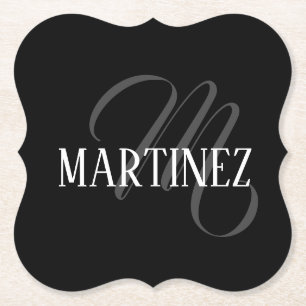 Black Elegant Personalized Last Name Name Paper Coaster