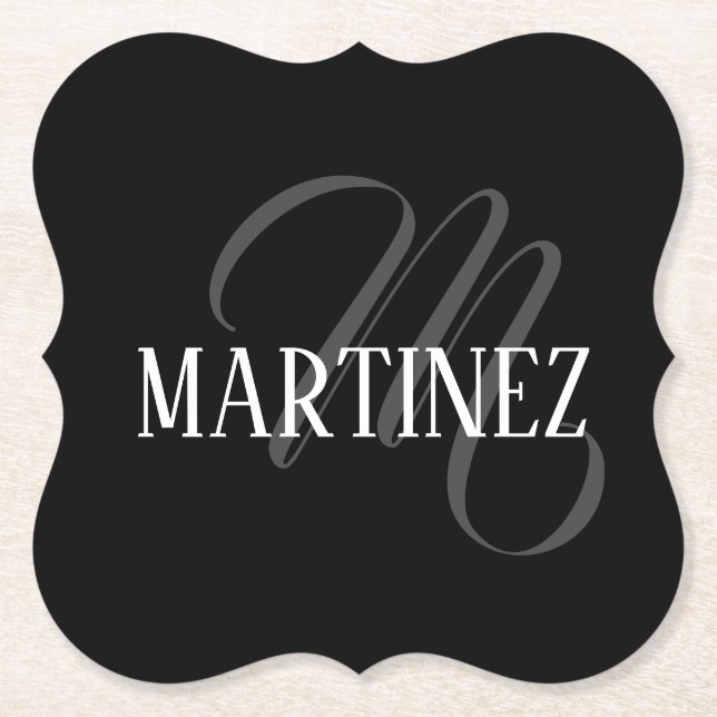 Black Elegant Personalized Last Name | Name Paper Coaster (Front)