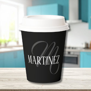 Black Elegant Personalized Last Name Name Paper Cups