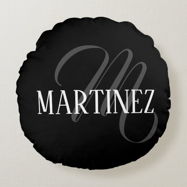 Black Elegant Personalized Last Name | Name Round Pillow (Front)