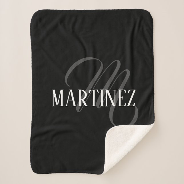Black Elegant Personalized Last Name | Name Sherpa Blanket (Front)