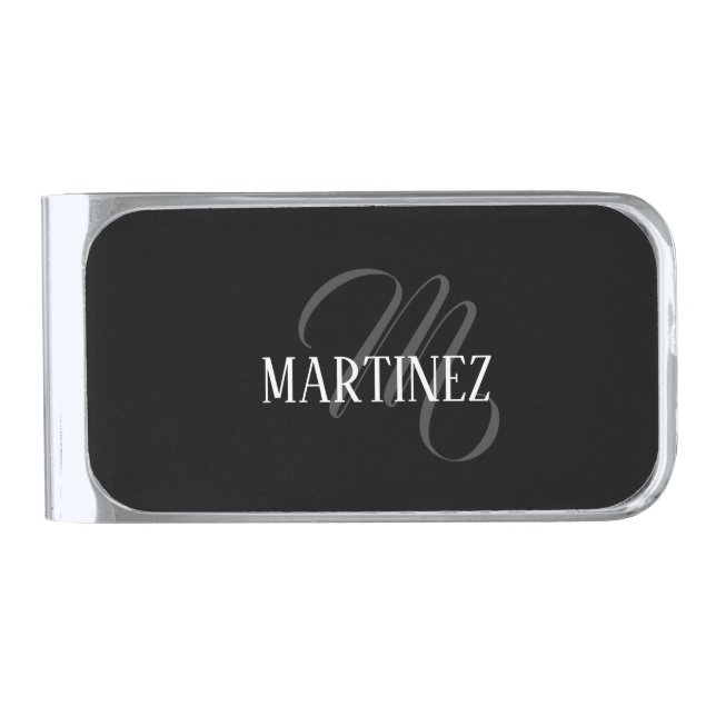 Black Elegant Personalized Last Name | Name Silver Finish Money Clip (Front)