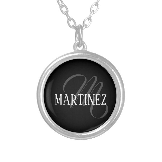 Black Elegant Personalized Last Name | Name Silver Plated Necklace (Front)