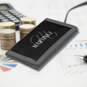 Black Elegant Personalized Last Name Name Trifold Wallet