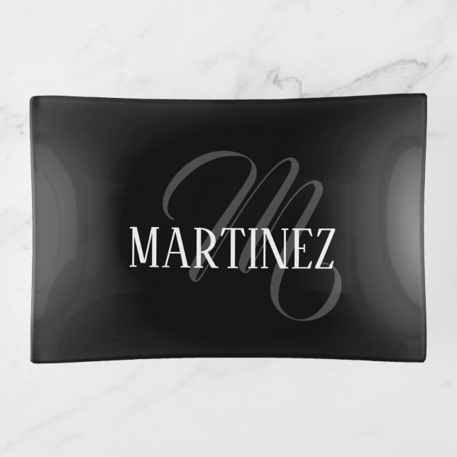 Black Elegant Personalized Last Name | Name Trinket Tray (Front)