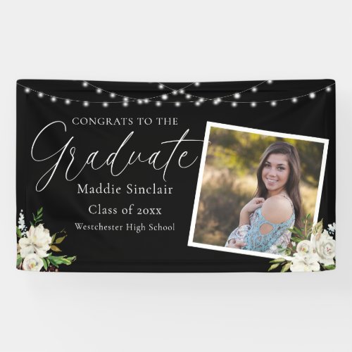 Black Elegant Photo Floral Graduation Banner