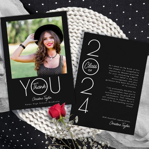 Black Elegant Photo Graduation Thank You Card