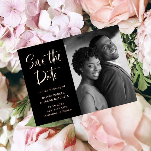 Black  Elegant Photo Save the Date Rose Gold Foil Invitation Postcard