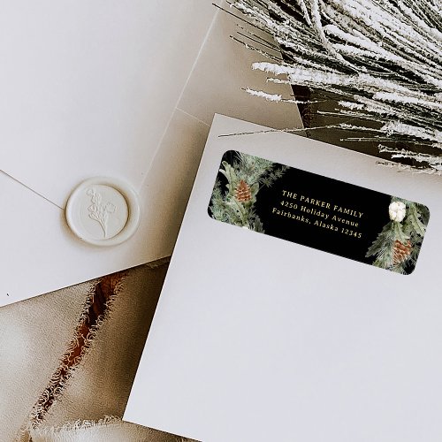 Black Elegant Pine Greenery  Gold Christmas Label