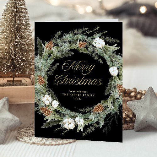 Black Elegant Pine Greenery  Gold Merry Christmas Holiday Card