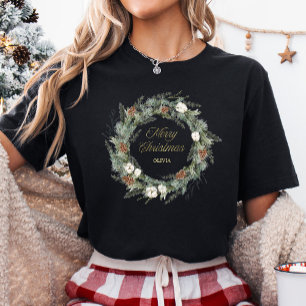 Black Elegant Pine Greenery Gold Merry Christmas Tri-Blend Shirt