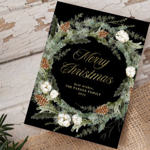 Black Elegant Pine Wreath   Gold Merry Christmas Holiday Card