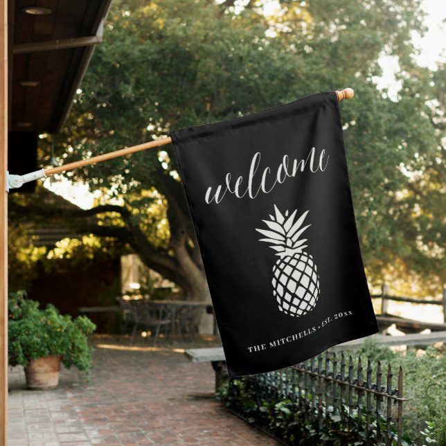 Black | Elegant Pineapple Personalized Welcome House Flag (In SItu)