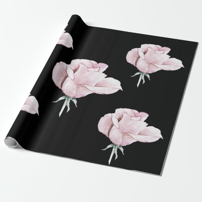 Black Elegant Pink Watercolor Rose Wrapping Paper (Unrolled)