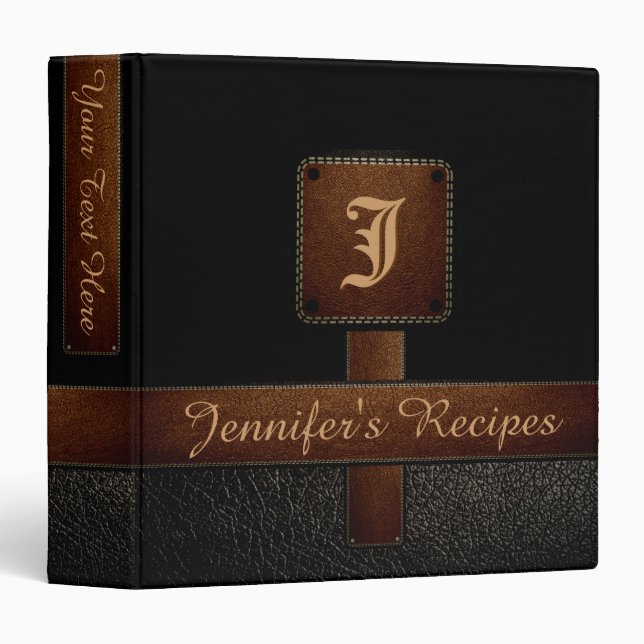 Black Elegant Recipe Leather Look 3 Ring Binder (Front/Spine)
