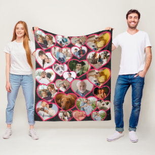 Black Elegant Red Heart Family Photo Collage Fleece Blanket